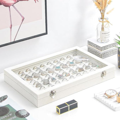 Ring Display Case, Jewelry Organizer Box, Earring Holder for Girls, Velvet Display Tray (Beige, 100 Slots)