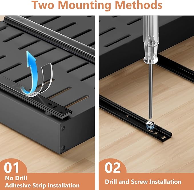 BUFOR 2 Pack Pull out Cabinet Organizer, Width (10"-15") Depth (11"-17"), with 3 Rails Adjustable Slide, Expandable Drawers for Cabinets, No Drill Adhesive Kitchen Drawers for Pantry Shelves black