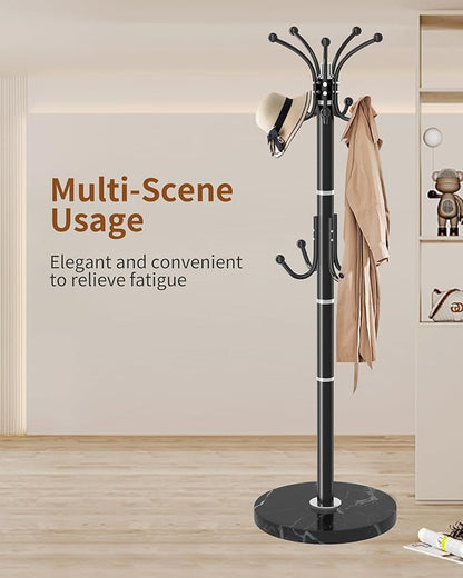 Metal Coat Rack Stand with Natural Marble Base, Modern Coat Rack Freestanding, 360°Rotary Coat Racks with 14 Hooks, Black Coat Stand Hall Tree Hanger Stand for Entryway, Office，Corner