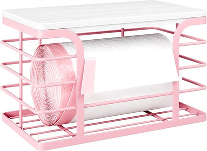 Small Grocery Bag Holder,Wall Mount Trash Bag Holder Dispenser with Bamboo Top,Suitable for Garbage Bags of 100 Rolls under 13 Gallons,Pink