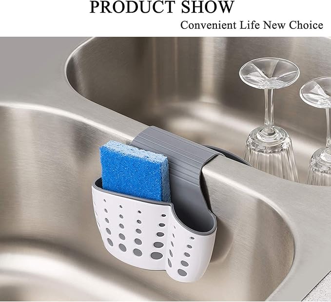 Sink Caddy Sponge Holder for Faucet - Flexible Silicone Plastic Saddle Organizer with Drain Holes, Double White