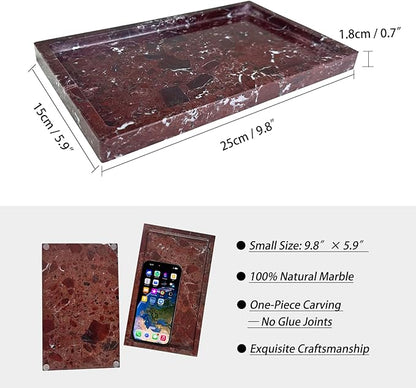 OAIQNUJ Natural Red Marble Vanity Tray, 9.8"x5.9" Genuine Marble Tray for Bathroom/Kitchen/Dresser (Rosso Levanto)