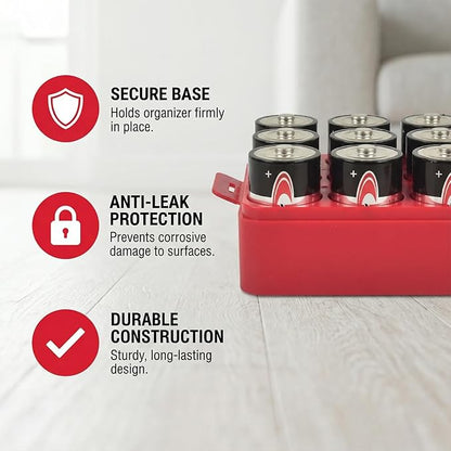 ALCYON Battery Organizer Storage Case, Battery Vault Box Container for 12pcs D Batteries, Plastic Clear Protective Battery Holder for Travelling/Home/Office (Red, Large)