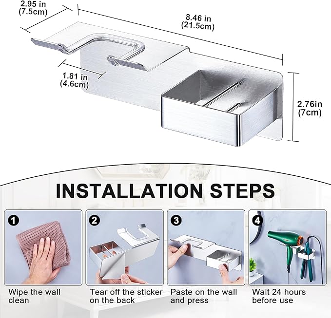 WAYASI Blow Dryer Holder Wall Mounted, Hair Dryer and Straightener Holder, Hairdryer Holder for Bathroom, Curling Iron Holder, Salon Hair Tools Organizer Storage, Silver