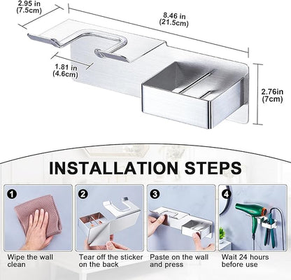 WAYASI Blow Dryer Holder Wall Mounted, Hair Dryer and Straightener Holder, Hairdryer Holder for Bathroom, Curling Iron Holder, Salon Hair Tools Organizer Storage, Silver