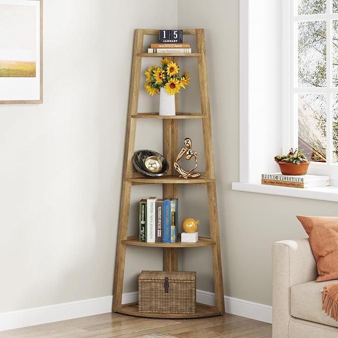 Tribesigns 70 inch Tall Corner Shelf, 5 Tier Modern Corner Bookshelf Bookcase Industrial Corner Ladder Shelf Plant Stand for Living Room, Kitchen, Home Office (Light Brown)
