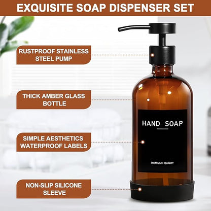 RYTOXILO Amber Glass Soap Dispenser 4 Pack, Hand Soap Dispenser Bathroom with Stainless Steel Pump, 16.9 Fl oz Hand and Dish Soap Dispensers Set Kitchen, Modern Brown Soap Lotion Dispensers Bottle