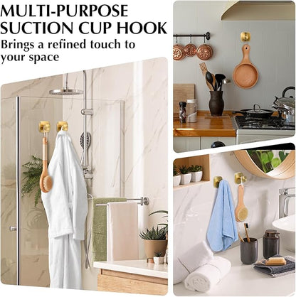 warlve Suction Cup Hooks for Shower - Reusable No-Drill Mounting - Hooks for Towels, Robes & Loofah on Metal, Glass, Mirrors, Tile & Smooth Non-Porous Surfaces (2, Brushed Gold)
