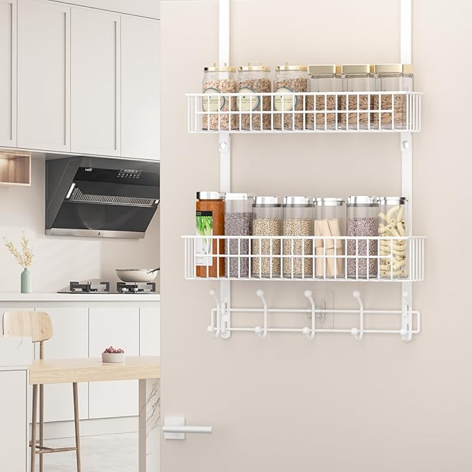 Aimeaihe Over The Door Hooks, Door Hanger Towel Rack with 10 Coat Hooks & 2 Mesh Basket, Over Door Storage Organizer for Bathroom, Bedroom, Kitchen, Office, Easy Installation, White