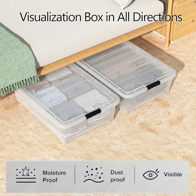 Waikhomes 50 Quart Plastic Under Bed Storage Boxes, Clear Under Bed Storage Containers with Wheels, 3-Pack