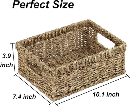 Wicker Baskets, Baskets for Organizing, Rattan Woven Basket for Storage, Organizer Bins with Built-in Handles, Storage Basket for Shelves (Seagrass, Small)