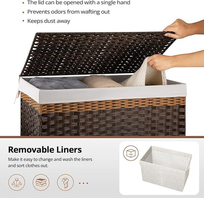 OIAHOMY Storage Basket with Lid, 42.3 Gallon (160L) Blanket Basket with Removable Liner Bag, Synthetic Wicker Hamper with Handle, Foldable, Hamper for Living Room, Brown