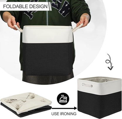 meekoo 8 Pack Collapsible Storage Bins Fabric Storage Bins Polyester Fabric Baskets with Handles Linen Closet Organizer for Shelf Home Closet Towels Toys(12 x 12 x 12 in,Black White)