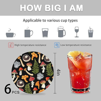 Mushrooms Coasters for Drinks Absorbent with Holder,Spring Leaves Sets of 6 Durable Cup Coaster for Coffee Table Protection,Great Housewarming Birthday Gifts,Home Decor