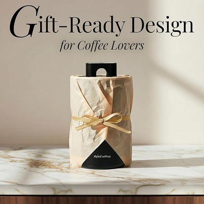 STYLED SETTINGS Vacuum Seal Coffee Bean Container Set – 2-Piece Stainless Steel Coffee Canisters with Scoop and Labels, Matte Black Dual-Lid Airtight Design, 1.5 lb Capacity Each - Coffee Gift Ideas