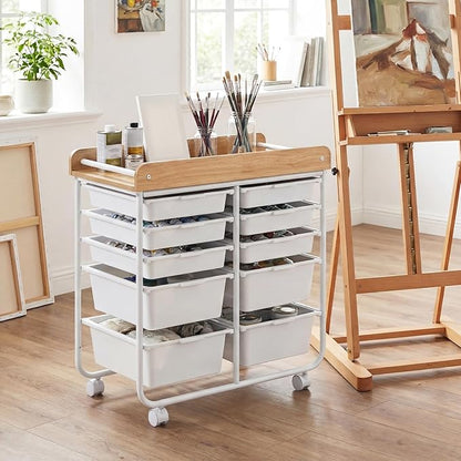 GOFLAME 10-Drawer Rolling Storage Cart, Craft Storage Cart with Wooden Tabletop, Lockable Wheels and Handles, Art Cart Supply Storage Organizer with Metal Frame for Home Office Classroom, White