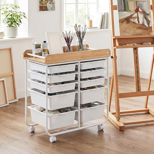 GOFLAME 10-Drawer Rolling Storage Cart, Craft Storage Cart with Wooden Tabletop, Lockable Wheels and Handles, Art Cart Supply Storage Organizer with Metal Frame for Home Office Classroom, White
