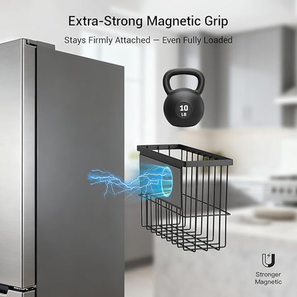2 Pcs Magnetic Basket Fridge Dryer Ball Holder for Laundry Room Organization and Storage, Magnetic Lint Bin Home Organization for Laundry Room, Kitchen & Office Class School (Black, L&XL-2pcs)