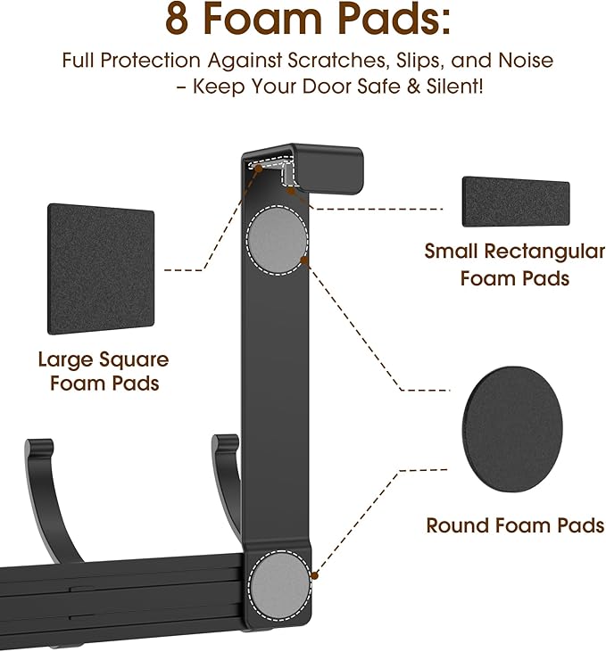 KitchLife Over The Door Hooks Hanger with 7 inches Extended Arms, Fits 1-3/8" Doors, F18U, Bathroom Towel Rack Organization, Thickened 6-Double Hook, Matte Black