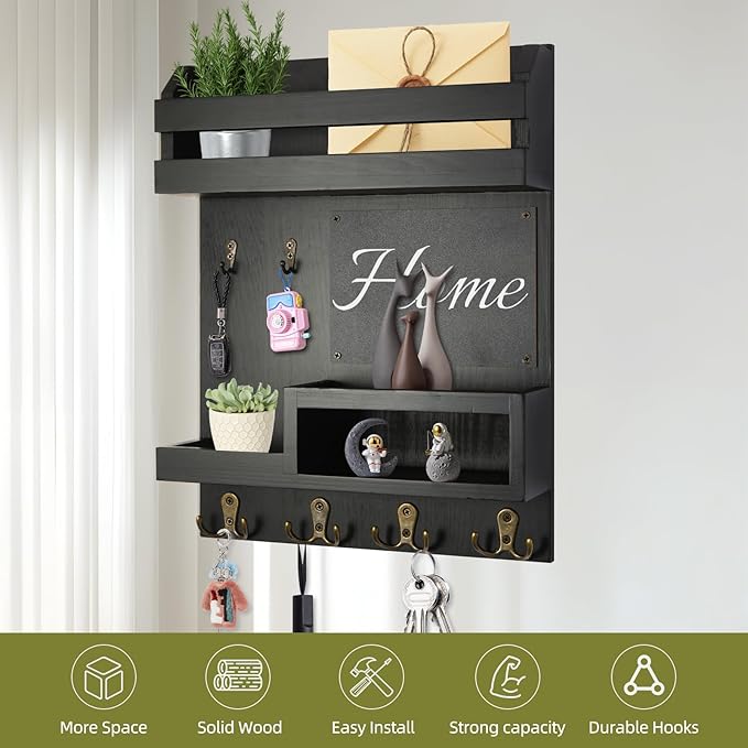 Large Key and Mail Holder Wall Mount, 12.5x16.5 Inch Solid Wood Key Racks for Entryway, Front Door, Hallway, Wall Organizer (Matte Black)