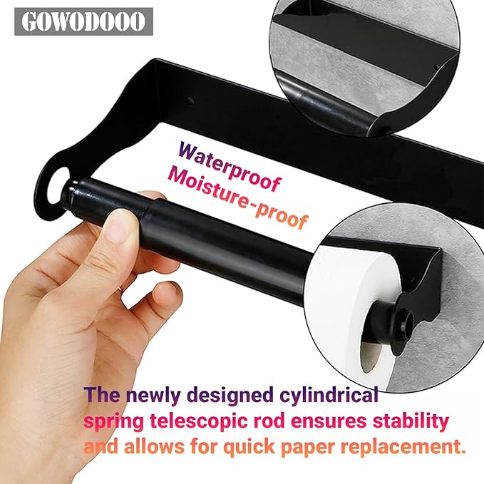 Black Paper Towel Holder Under Cabinet,Wall Mount Self Adhesive Paper Towel Rack for Kitchen,Stainless Steel hanging Paper Towel Rolls Holder,No more worrying about the paper roll falling off