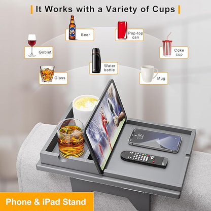 Bamboo Couch Cup Holder Tray - 2 in 1 Couch Armrest Table with Be Slide-Away Detachable Double Holder - Sofa Armchair Caddy for Drinking Snacks iPad TV Remote (Gray)