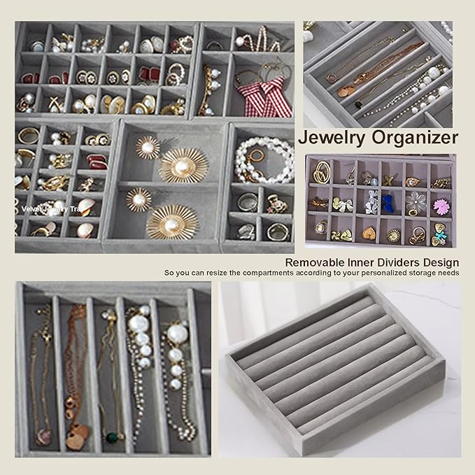 SPAKOWN Jewelry Organizer for Drawer, Adjustable Velvet Jewelry Tray, Stackable Necklace Organizer Earring Holder Organizer Ring Tray Jewelry Storage Display Drawer Inserts Set of 9 (Grey)