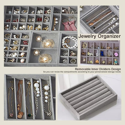 SPAKOWN Jewelry Organizer for Drawer, Adjustable Velvet Jewelry Tray, Stackable Necklace Organizer Earring Holder Organizer Ring Tray Jewelry Storage Display Drawer Inserts Set of 9 (Grey)