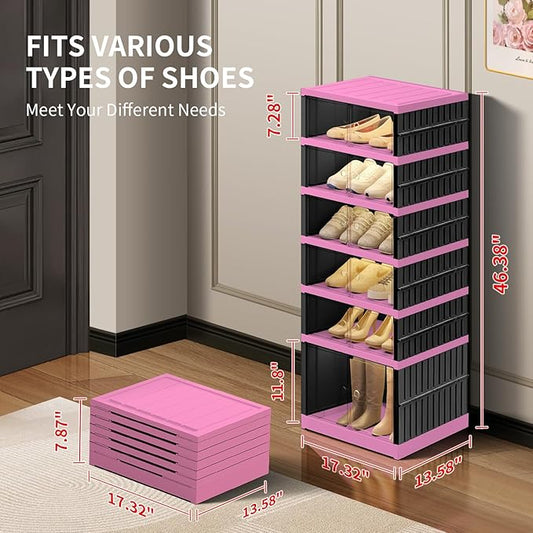 CIMLORD 6-Tier Foldable Shoe Rack Organizer for Closet,12 Pairs Collapsible Plastic Shoe Shelf,Clear Stackable Shoe Storage Boxes with Door Easy Assembly,Shoe Cabinet with Lids Large（Black-pink）