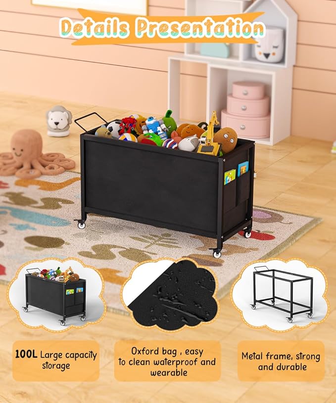 100L Large Kids Toy Box with Wheels, Toy Chest Storage Organizer for Toddlers, Boys, Girls, Toy Storage Bin for Stuffed Animals, PlayRoom, Bedroom, Nursery, Living Room, Black
