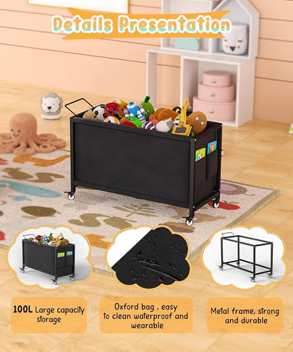 100L Large Kids Toy Box with Wheels, Toy Chest Storage Organizer for Toddlers, Boys, Girls, Toy Storage Bin for Stuffed Animals, PlayRoom, Bedroom, Nursery, Living Room, Black