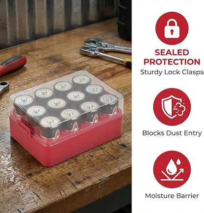 ALCYON Battery Organizer Storage Case, Battery Vault Box Container for 12pcs D Batteries, Plastic Clear Protective Battery Holder for Travelling/Home/Office (Red, Large)