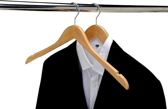 Quality Semi Curved Wooden Suit Hangers, 10-Pack Smooth Finish Solid Wood Coat Hanger with Swivel Hook, Jacket, Pant, Dress Clothes Hangers (Natural, 10)