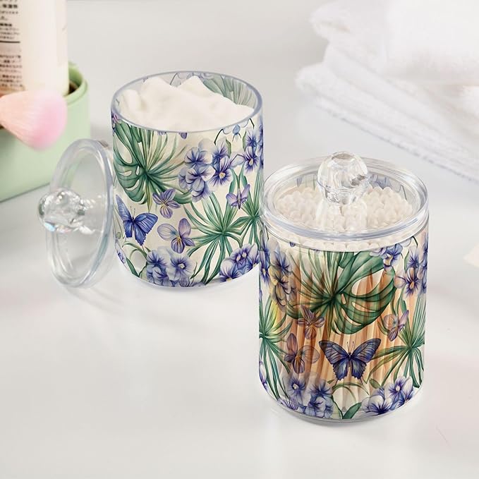 MNSRUU 4 Pack Qtip Holder Organizer Dispenser Tropical Orchid Flowers Bathroom Storage Canister Cotton Ball Holder Bathroom Containers for Cotton Swabs/Pads/Floss