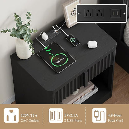 Harpaq Fluted Nightstand with Charging Station, 23.6" End Table with Solid Wood Handle, Curved Profile Design, Mid Century Moden Bedside Table for Bedroom, Black