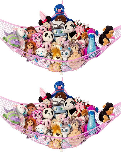 Lilly's Love Large Stuffed Animal Hammock | Corner Hanging Organizer, Toy Storage, Stuffed Animal Storage Net | Made from Quality Fishing Net, Holds 12lbs | 79"x63"x63" (Pink, 2 Pack)