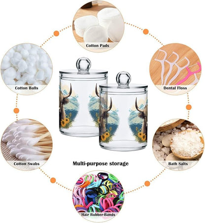 MNSRUU 2 Pack Qtip Holder Organizer Dispenser Highland Cow Pink Bathroom Storage Canister Cotton Ball Holder Bathroom Containers for Cotton Swabs/Pads/Floss