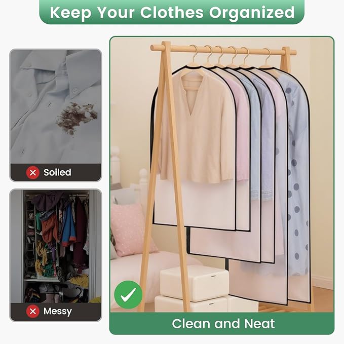 6 Pack Garment Bags for Hanging Clothes - Translucent Suit Bag for Closet Storage, Clothes Cover for Hanging Shirts, Dresses, Travel, Moving - Black