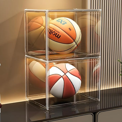 GUDEMAY Large Clear Stackable Plastic Storage Bins with Door, Dustproof Figure Collectibles Display Case, Football & Motorcycle Helmet Showcase, Basketball, Sports Memorabilia Organizer (XL, Count, 3)