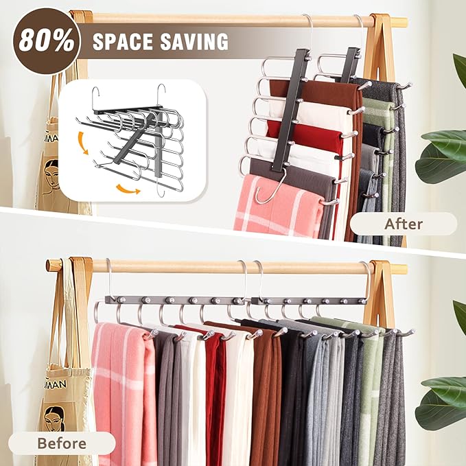 HUITEM Space Saving 6 Tier Pant Hangers, Anti-Slip, Stainless Steel, 2 Pack, Black