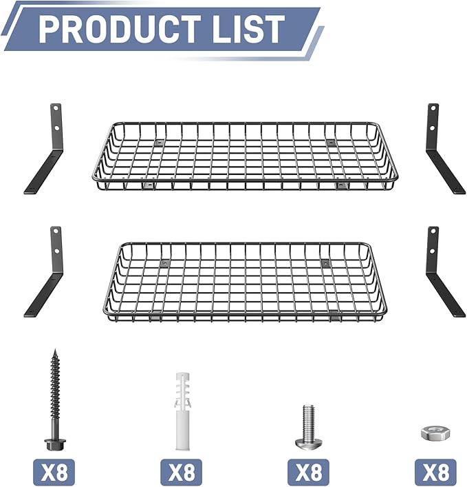 WALMANN 12x24 inch Wall Shelves, Wall-Mounted Storage Shelf for Garage, Closet, Laundry Room, Heavy Duty Floating Shelf, Holds Up to 60 lbs(Pack of 2, Black)