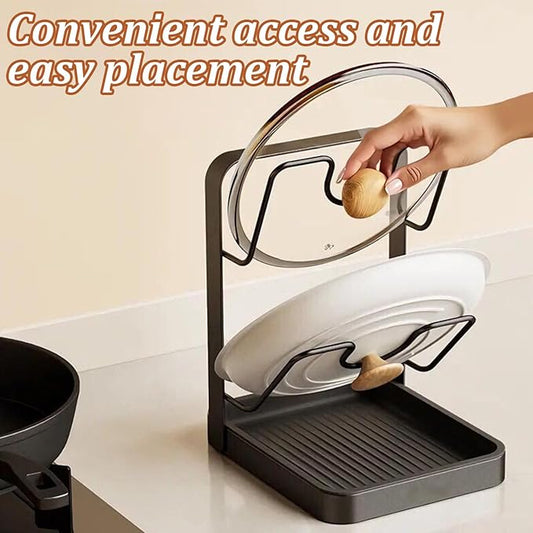 Pot Lid Organizer and Holder, Kitchen Countertop Storage Rack with Removable Drip Tray & Spoon Rest, 2-Tier Space-Saving Stand for Pots and Pans Lids