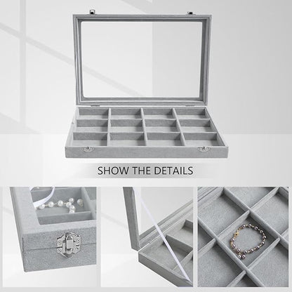 Wudygirl 12 Grid Jewelry Organizer Velvet Jewelry Tray with Clear Lid Jewelry Box Bracelet Holder Display Case Storage Bracelets Rings Earrings Organizer (12 Grid)