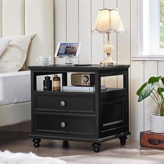 Joaxswe 24" Wide Farmhouse Night Stand Set of 2,Large End Table with 2 Drawers & Metal Handle,Black Wood Dresser for Bedroom, Bed Side Table Chest of Drawers Cabinet, Nightstand for Living Room,Closet