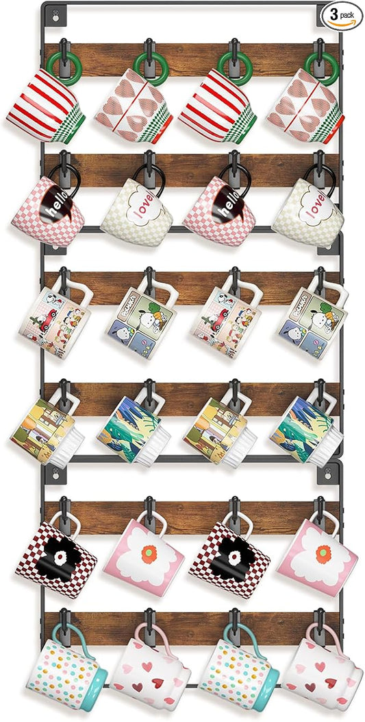 EsLuker.ly Mug Holder Hanger Rack Wall Mounted Wooden 3 Pack Coffee Cup Storage Organizer Display Shelf with 24 Movable Plastic Hooks, Ideal for Mug Collectors