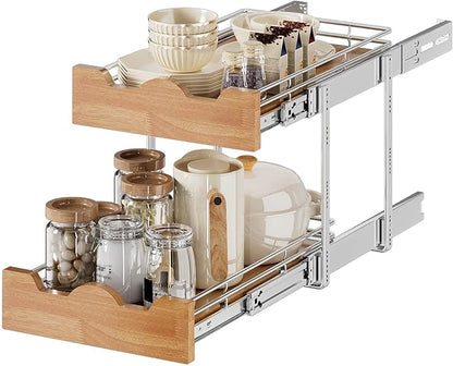OCG Pull Out Cabinet Organizer 14" W x 21" D, 2 Tier Slide Out Shelf, Heavy-Duty Pull Out Drawer for Cabinets, Base Cabinet Organization for Kitchen, Pantry, Bathroom