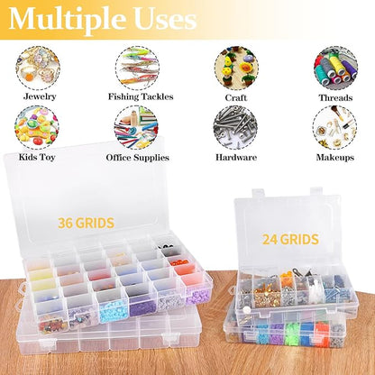2 Pack 36 Grids Clear Plastic Organizer Box, Storage Container With Adjustable Divider, Craft and Bead Storage for DIY Jewelry Tackles With 2 Sheets Label Stickers