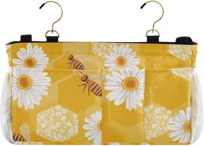 CuwrYet Bedside Caddy Hanging Bunk Bed Caddy Bed Organizer Hanging Pocket with 2 Hooks Bedside Storage Organizer Pocket Bag Holder Yellow Honeycomb Bee Daisy
