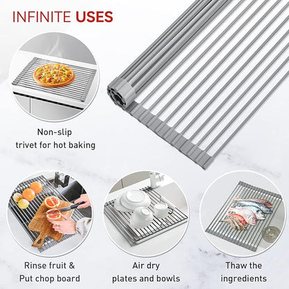 MERRYBOX Roll Up Over The Sink Dish Drying Rack Silicone Wrapped Foldable, Heat-Resistant, Anti-Slip Sink Rack Multipurpose Dish Drainer for Kitchen Sink Counter - Grey, 17.5" x 11"