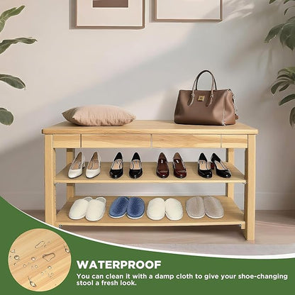 Wood Shoe Bench Entryway with Drawer: 3-Tiers Wooden Storage Shoe Rack with Bench Seat, Compact Mid-Century Modern Design for Entryway, Hallway,Closet,Front Door Entrance,Foyer Natural 39.3"